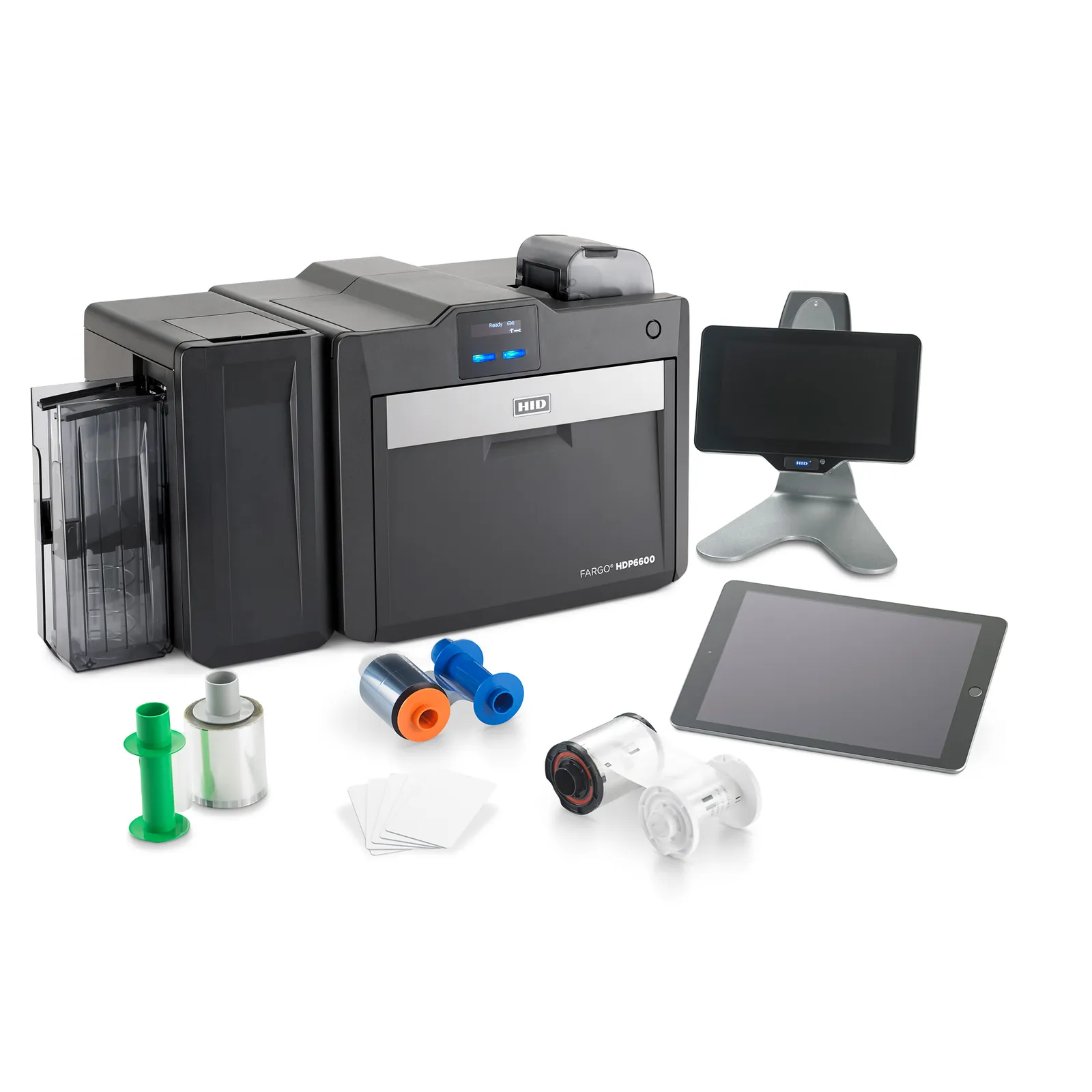HID Fargo HDP6600 card printer with ribbons, cards and accessories